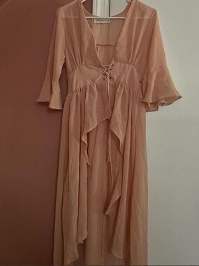 Peach Lace-Up Ruffle Midi Dress